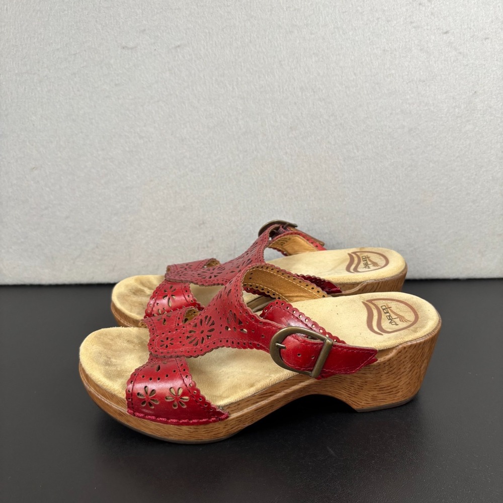 Dansko Sapphire Red Leather Floral Cutout Wedge Buckle Sandals Size 36/5.5-6
